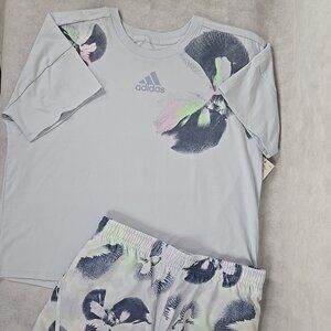 Adidas Girl XL Set Cotton Short Sleeve Oversized Shirt Matching Running Short